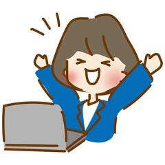パソコン作業の仕事が終わって喜ぶゆるくて可愛い会社員の女性