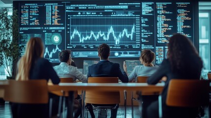 Team of financial analysts is working together in a modern office, analyzing data displayed on a large screen