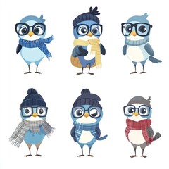 Obraz premium A collection of cute, fashionable cartoon birds wearing glasses and scarves.