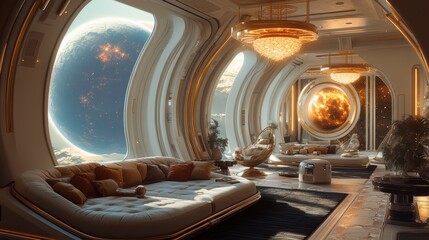 Luxurious futuristic interior design with a view of planets in space
