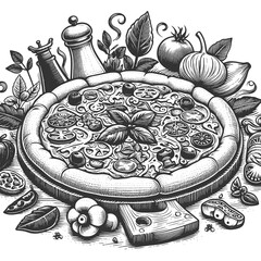 top view of a pizza surrounded by various ingredients and kitchen utensils in a vintage style sketch engraving generative ai raster illustration. Scratch board imitation. Black and white image.