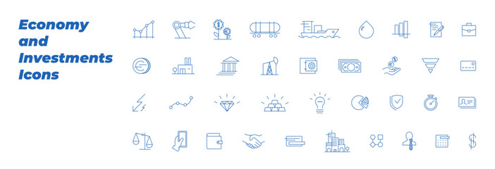 Economy and Investments outline icon set. Business financial and investor linear symbol collection. Finance and earnings modern logo and isolated badges. Industry and manufacturing signs. Eps