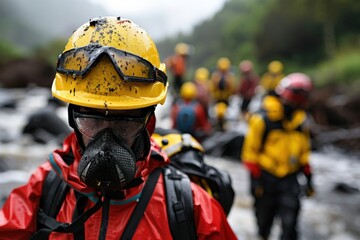 A rescue worker in a red jacket and helmet stands amidst natural disaster debris, focusing on search and recovery efforts in a challenging environment, representing resilience and bravery.
