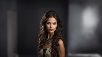 Fototapeta premium Elegant brunette model in ancient attire, exuding timeless beauty. Flawless skin, natural makeup, and captivating gaze. Studio shot with copy space. Ideal for historical and beauty campaigns