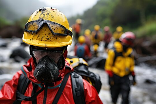 A rescue worker in a red jacket and helmet stands amidst natural disaster debris, focusing on search and recovery efforts in a challenging environment, representing resilience and bravery.