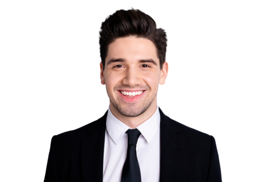 Close up photo amazing he him his macho attractive handsome look watch interested curious wondered show perfect teeth wear white shirt black suit jacket tie formalwear isolated bright grey background