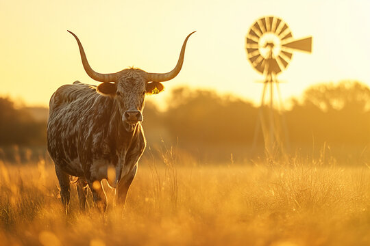 A longhorn cow standing on an old farm at sunset, with the warm glow of the setting sun casting a golden hue over the rustic landscape. The image captures the serene beauty of rural life and the iconi