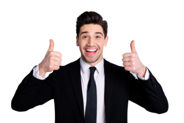 Close up photo amazing he him his macho handsome hands arms thumb up advising buy buyer new tested great product wear white shirt black suit jacket tie formal-wear isolated bright grey background