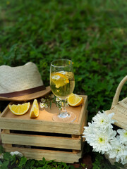 picnic basket, accessories for summer, Cool freshly made lemonade and fruits