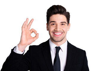 Portrait handsome millennial entrepreneur real estate agent feel rejoice enjoy confident stylish have adverts decide choose recommend feedback dressed modern stylish outfit isolated grey background