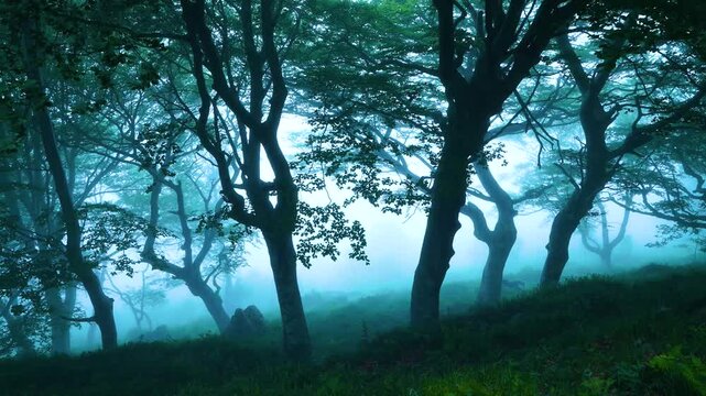 Beech forest (Fagus sylvatica) in the mist in spring in the Collados del As&oacute;n Natural Park. Aerial view from a drone. Hills of Ason Natural Park. Soba Valley, Cantabria, Spain, Europe