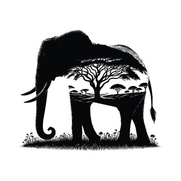 recommend clip art: silhouette of Elephant filled with nature view in rough drawing,