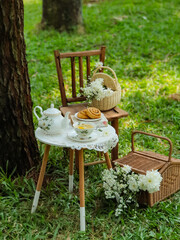 Chamomile flowers, books, glass teapot and cup with herbal tea on table in garden, natural background. summer season. relax time. useful calming tea. tea party outdoor