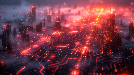 A cityscape with a red line running through it. The red line is made up of glowing lights, giving the impression of a futuristic city. Scene is one of excitement and wonder.