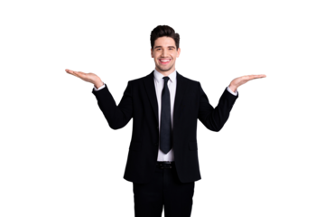 Portrait of handsome stylish sales agent discount present demonstrate advert options choice decision feel satisfied excited entrepreneur success wear modern clothing isolated ashy-gray background