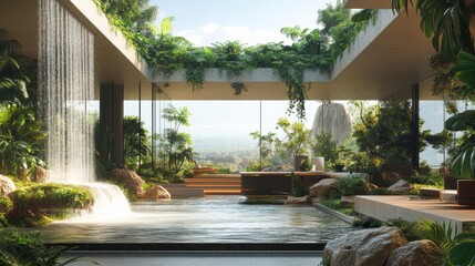 Modern office space featuring a waterfall on a floating island