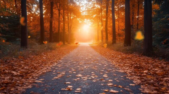 Autumn road lined with golden leaves under a warm, glowing sunset. Nature journey concept. Seamless looping time-lapse video background.