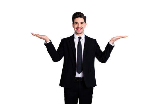 Portrait of handsome stylish sales agent discount present demonstrate advert options choice decision feel satisfied excited entrepreneur success wear modern clothing isolated ashy-gray background