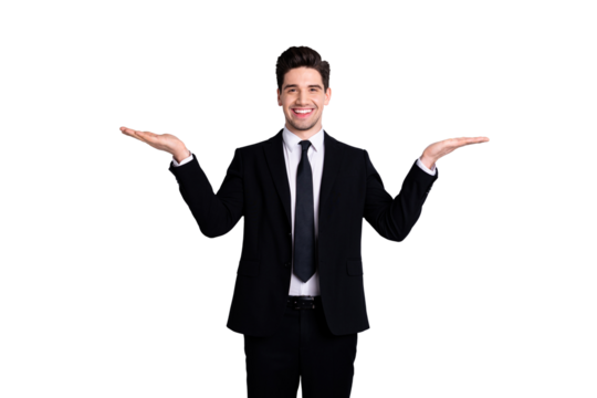 Portrait of handsome stylish sales agent discount present demonstrate advert options choice decision feel satisfied excited entrepreneur success wear modern clothing isolated ashy-gray background