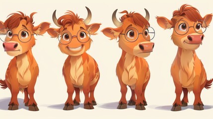 A cartoon depiction of four cute, expressive cows with glasses showcasing different emotions.