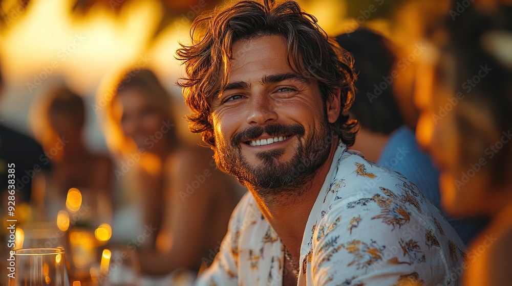 Canvas Prints A handsome man making funny faces is sitting at a party table surrounded by family and friends during a summer garden party.