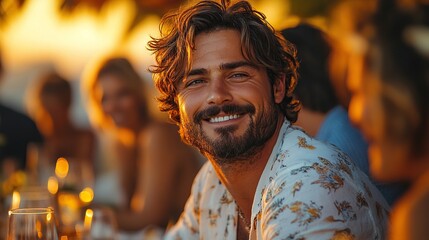 Obraz premium A handsome man making funny faces is sitting at a party table surrounded by family and friends during a summer garden party.