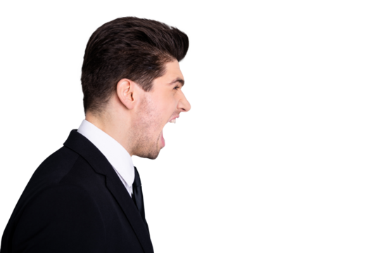 Evil collar. Profile side view photo frustrated irritated stylish manager annoyed have disagreement feel rage crazy disappointed scream shout yell dressed modern clothing isolated argent background