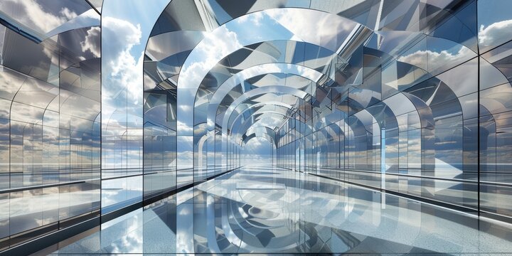 Abstract architecture with reflective surfaces and sky elements in a modern interior space