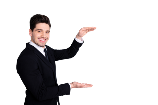 Portrait of excited satisfied representative banker enjoy stylish manager cheerful  feel content glad make hand arm frame show size explain plans wear black jackets isolated on grey background