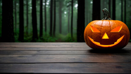 Illustration of pumpkin, Jack-o'-lantern on the background of a gloomy forest with copy space for text. Halloween concept	
