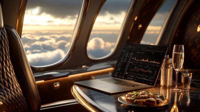 Businessman working on laptop with stock market charts in private jet - Powered by Adobe