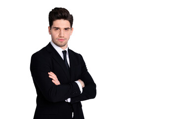 Portrait of inspired entrepreneur millennial feel independent free ready work create project strategy startup have ideas think he his dressed fashionable blazer collar isolated on grey background