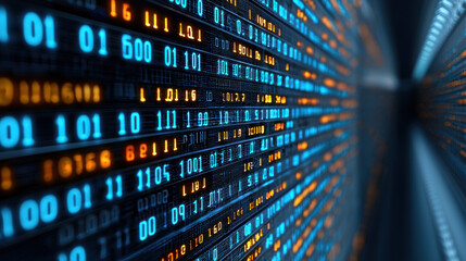 Close-up view of digital binary code on a screen with blue and orange lights, representing data storage and information technology.