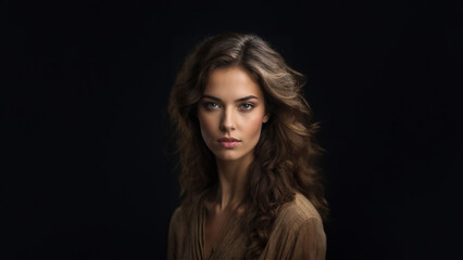 Fototapeta premium Elegant brunette model in ancient attire, exuding timeless beauty. Flawless skin, natural makeup, and captivating gaze. Studio shot with copy space. Ideal for historical and beauty campaigns