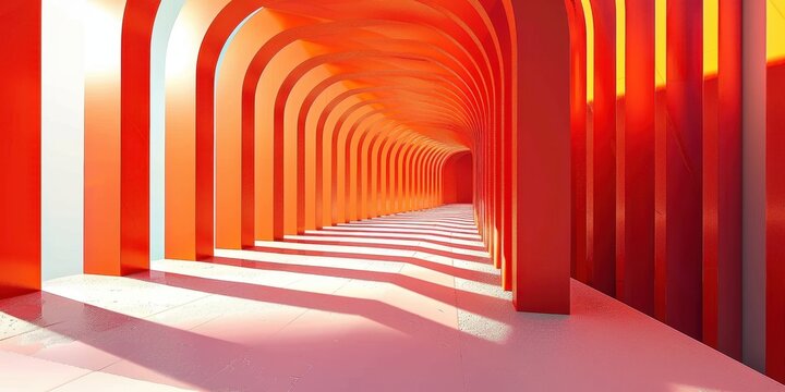 Vibrant abstract architecture featuring a colorful arched corridor illuminated by warm light