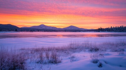 Obraz premium A serene winter landscape at sunset, showcasing snow-covered ground and colorful sky.