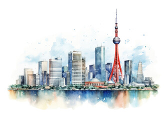 Obraz premium PNG Watercolor illustration of Tokyo, Japanese landmark, isolated on white background --ar 3:2