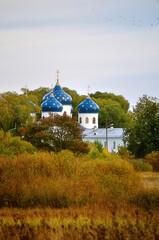 Veliky Novgorod Russia. Exaltation of the Cross cathedral at the Orthodox Yuriev Monastery in...
