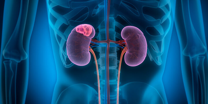 Medically 3D illustration showing a tumor in right kidney, x-ray style