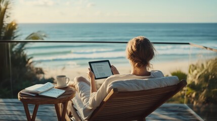 Woman working remotely from luxurious beachfront balcony at sunset