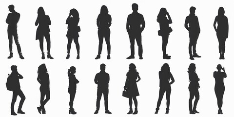 Silhouettes of diverse individuals in various postures and styles against a plain background