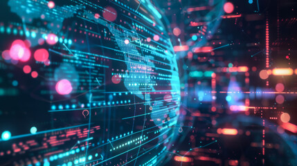 Computer screen with red, blue and green background and a large blue sphere. The sphere is surrounded by a series of lines and dots. Concept of technology and complexity. Abstract background.