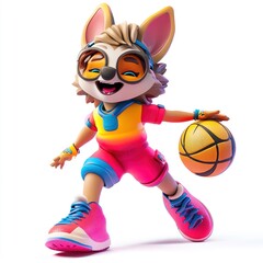 A playful animated character, a dog, dribbling a basketball in vibrant sports attire.
