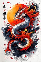 Japanese Dragon Tattoo Art with Red and Black Ink