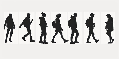 Obraz premium Set of unrecognizable silhouettes of people walking against a neutral background during daylight