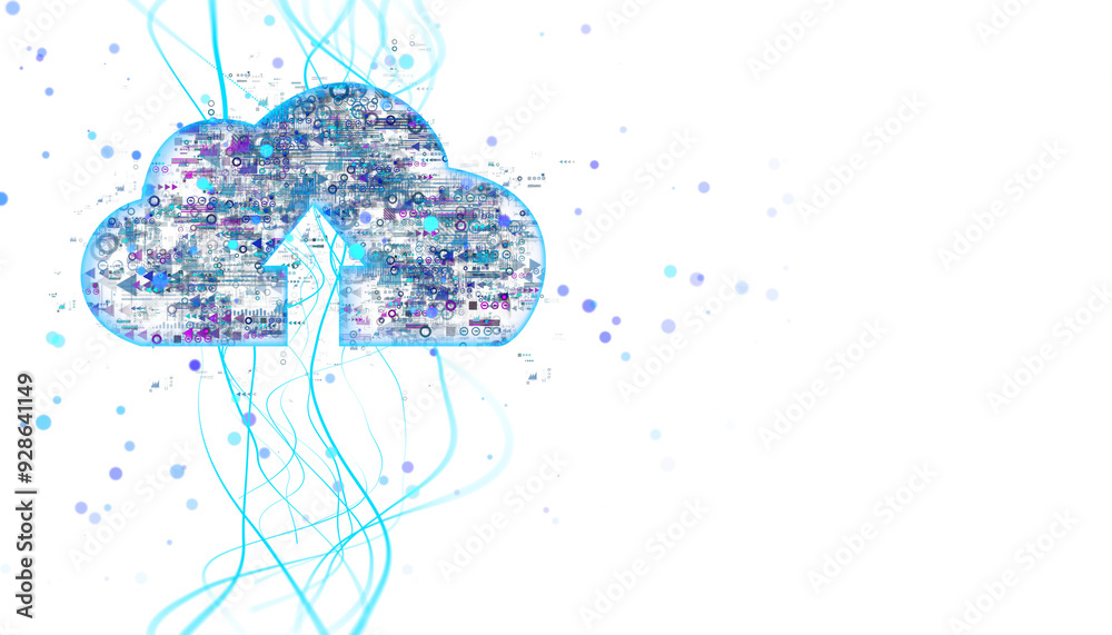 Poster Digital cloud computing icon with data transfer graphics, glowing lines and dots on a white background. Concept of cloud storage. 3D Rendering