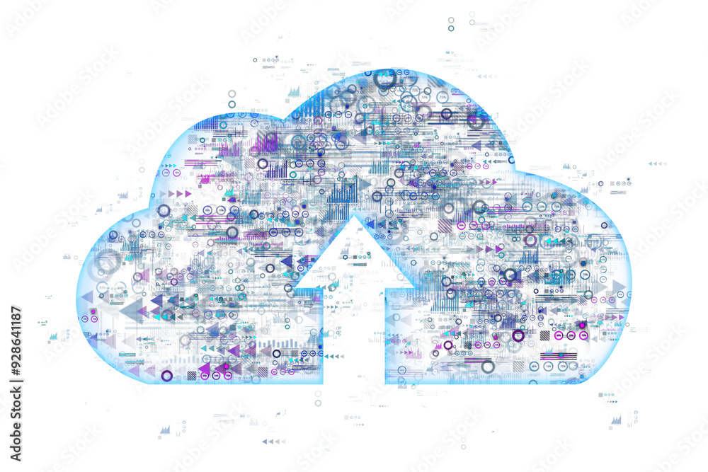 Poster Digital cloud symbol with an upward arrow, filled with virtual data icons and holographic elements, on a white background. Concept of cloud computing and data storage. 3D Rendering.