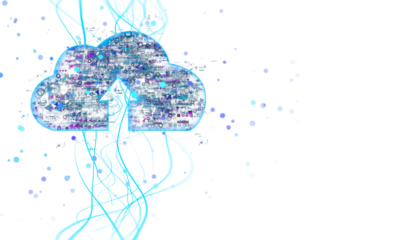 Digital cloud computing icon with data transfer graphics, glowing lines and dots on a white background. Concept of cloud storage. 3D Rendering