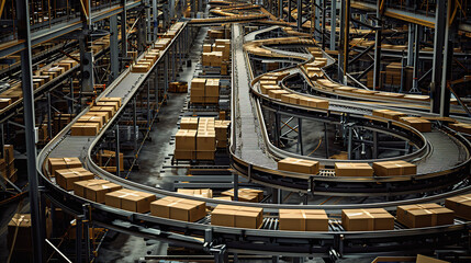Boxes on a conveyor belt in a warehouse, illustrating the logistics process of moving and sorting items efficiently. The image captures the organized flow and operation of warehouse logistics.

