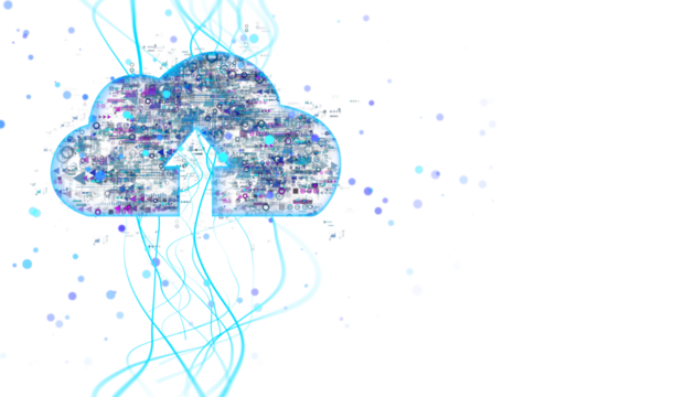 Digital cloud computing icon with data transfer graphics, glowing lines and dots on a white background. Concept of cloud storage. 3D Rendering
